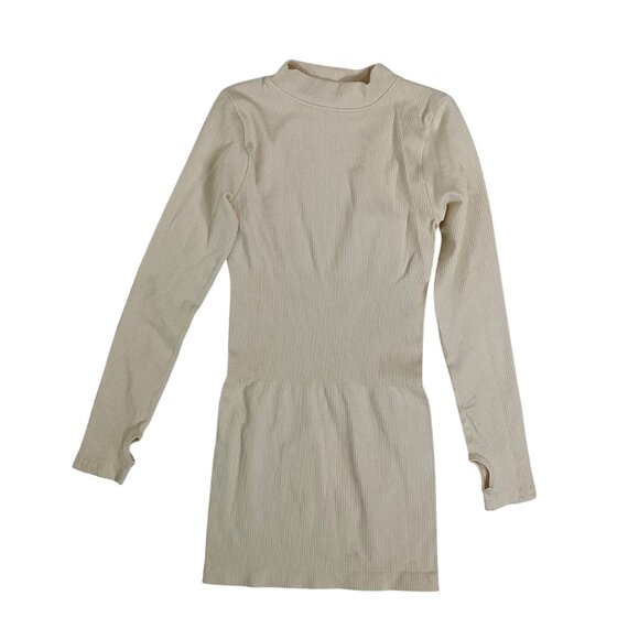 Beige Long Sleeve Mock Neck Ribbed Athleisure Baddie Bodycon Mini Dress / Small - Picture 6 of 8